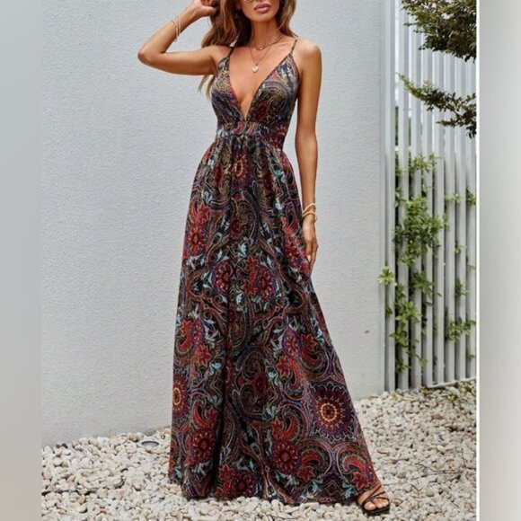 Plunging Neck Crisscross Backless Paisley Print Maxi Cami Dress - Picture 3 of 5